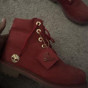 youth red and gold timberland boots
